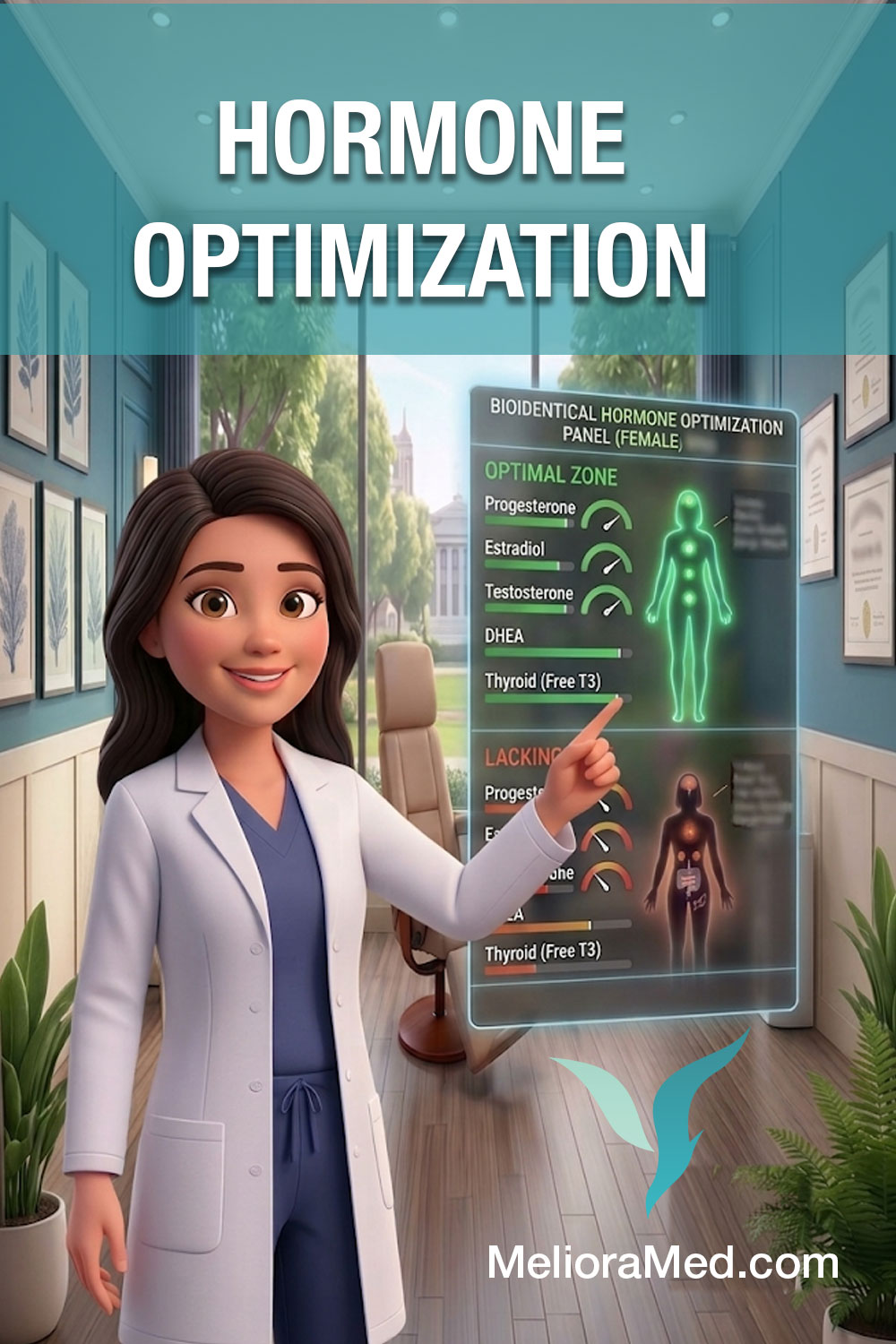 Illustration of a physician pointing to a bioidentical hormone optimization panel for women, comparing an optimal zone — progesterone, estradiol, testosterone, DHEA and free T3 — against lower, suboptimal levels. Titled Hormone Optimization, Meliora Integrative Medicine, MelioraMed.com.