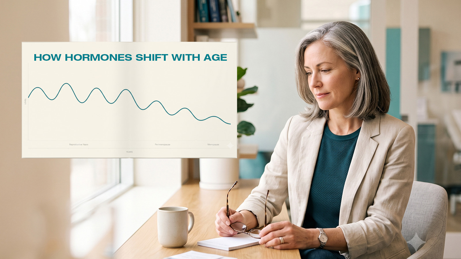 Illustrative: hormone levels swing through the reproductive years, grow erratic through perimenopause, then settle low in menopause — a single blood test catches only one point on a moving curve.