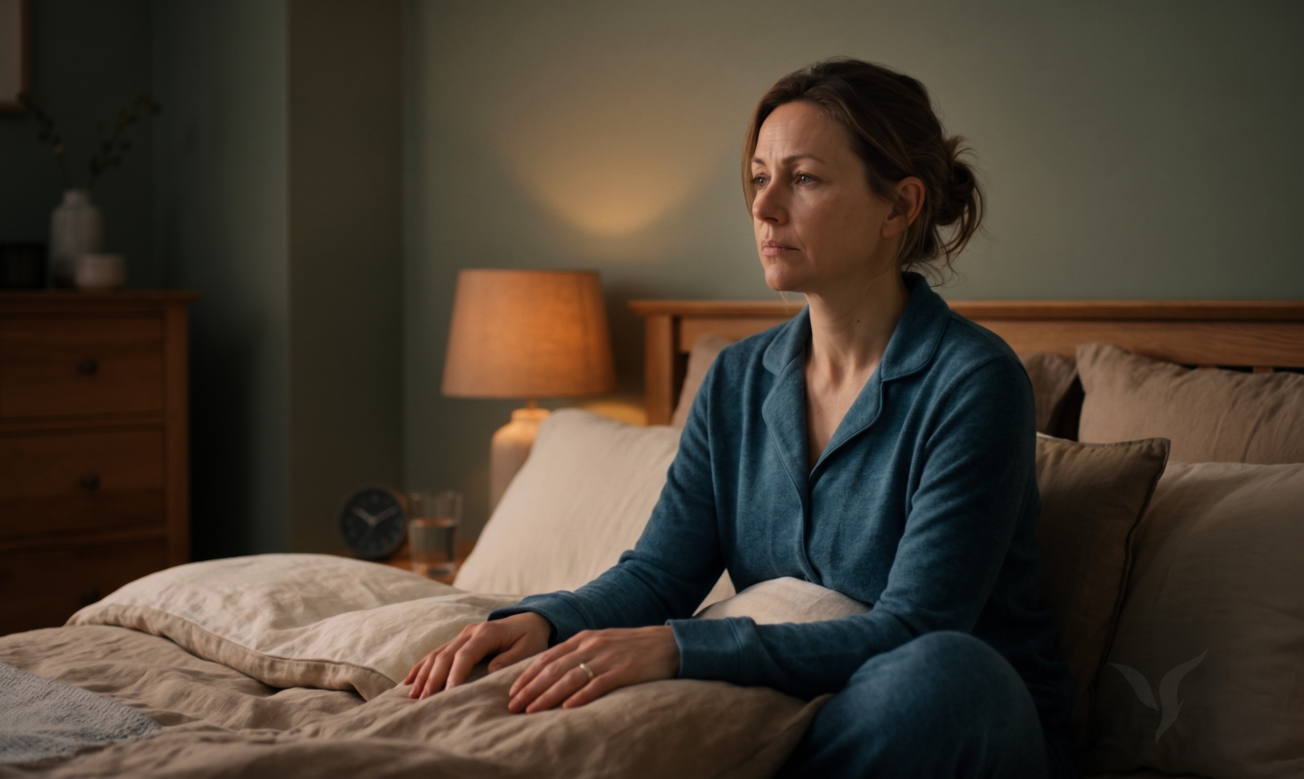 Illustrative: a woman sits awake in bed in the low light of the early hours, the room otherwise dark.
